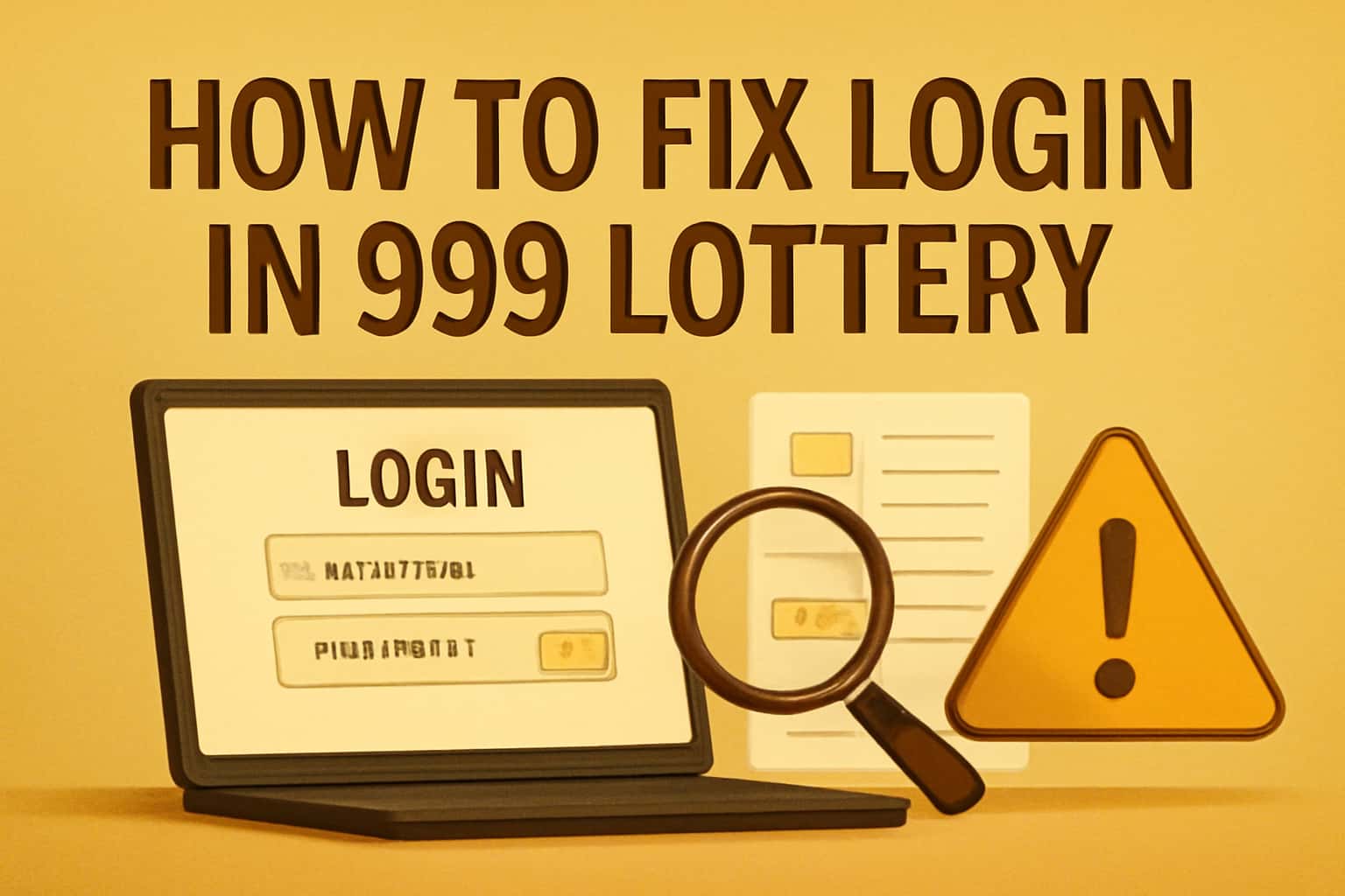 Informational scene illustrating the troubleshooting process for IN 999 Lottery login issues.