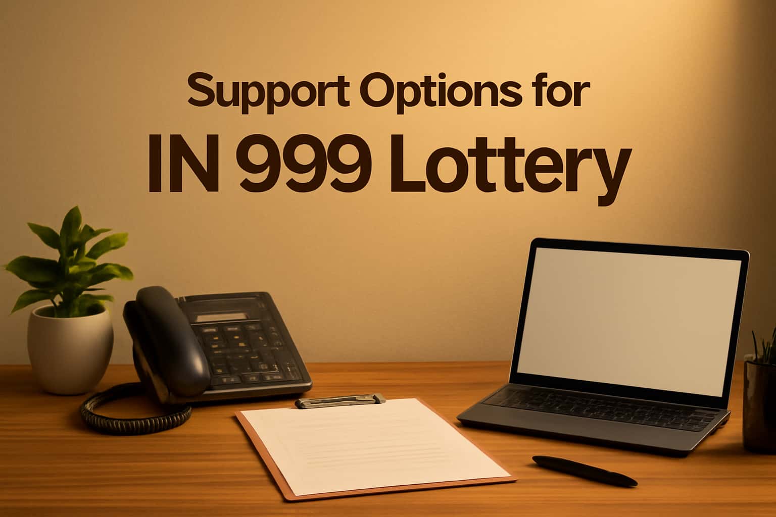 A neutral scene with text highlighting support options for IN 999 Lottery.