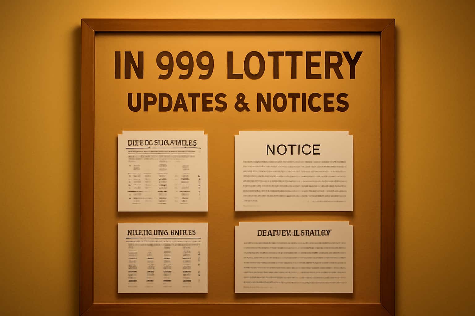 A professional informational scene illustrating updates and notices for the IN 999 Lottery.