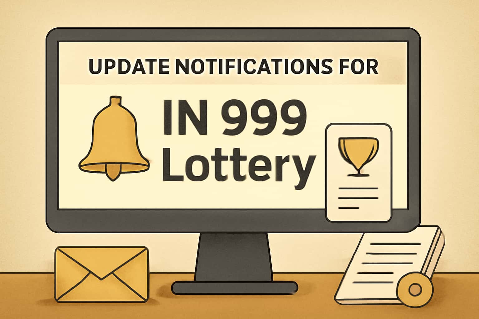 A visually appealing informational graphic about update notifications for the IN 999 Lottery app.